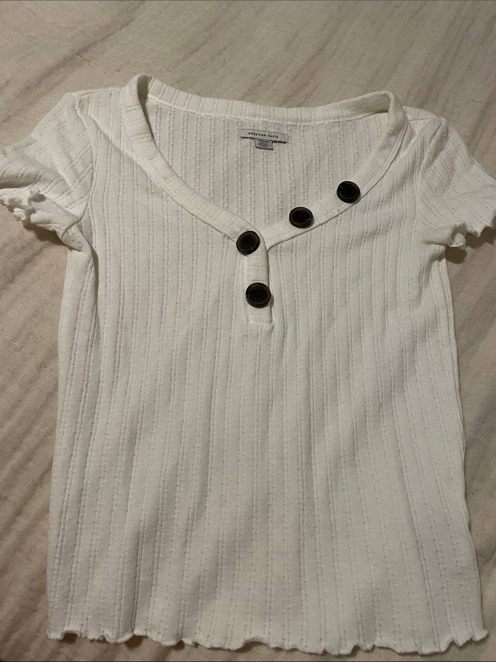American Eagle Outfitters White Ribbed Short-Sleeve Top with Dark Buttons
